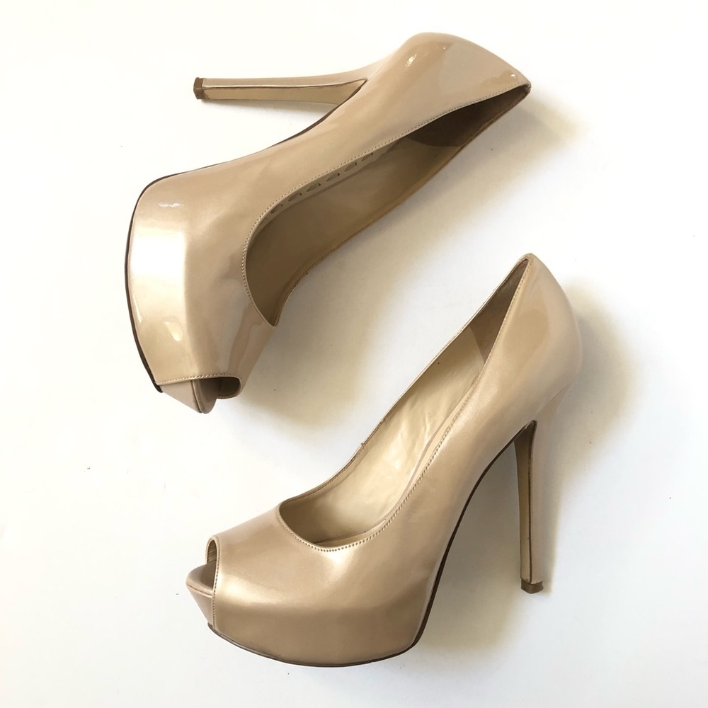 Enzo Angiolini Pearlized Beige Patent Leather Peep Toe Pumps 8.5